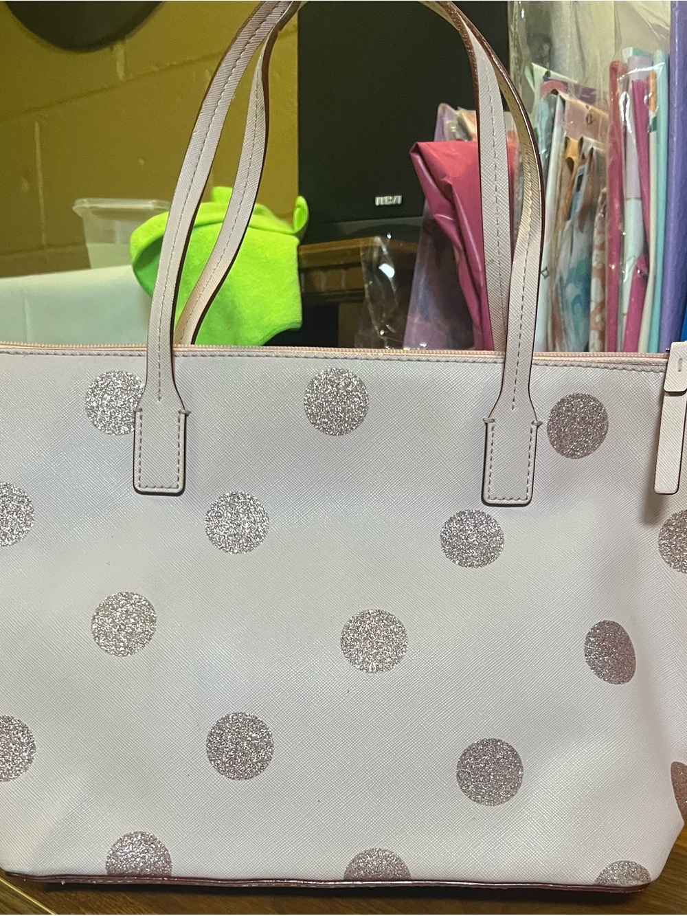FUC Rehab Kate Spade Pink Polka Dot Tote Bag - Glitter Accent - Picture 6 of 12
